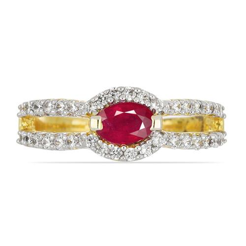 BUY NATURAL GLASS FILLED RUBY GEMSTONE WITH WHITE DIAMOND 14K GOLD RING